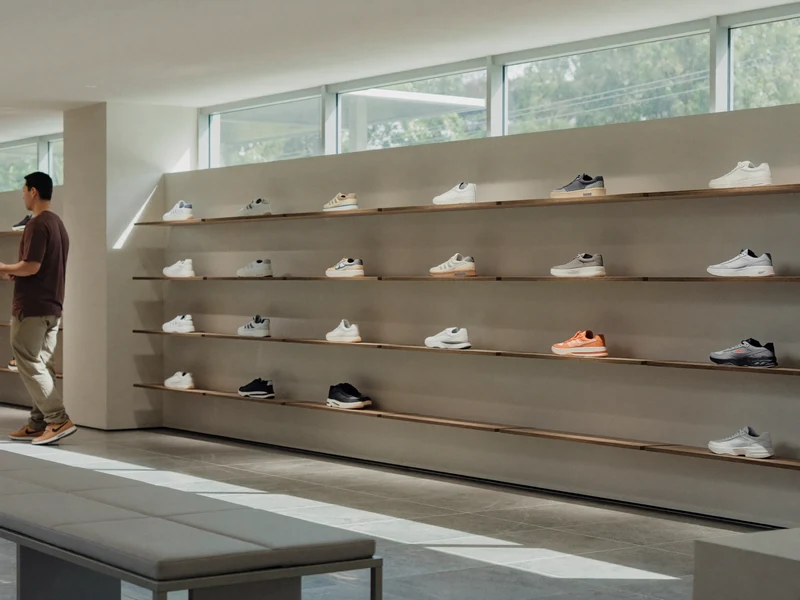 Heller Sneaker-Shop mit Wandregalen, Tageslicht und leerer Anprobebank, KI-Illustration