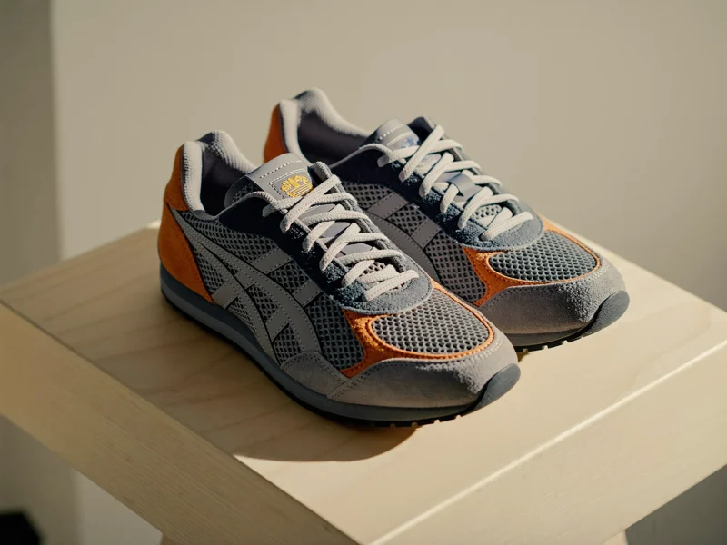 Retro-Running-Sneaker in Grau, Navy und Orange auf Holzsockel, illustriert