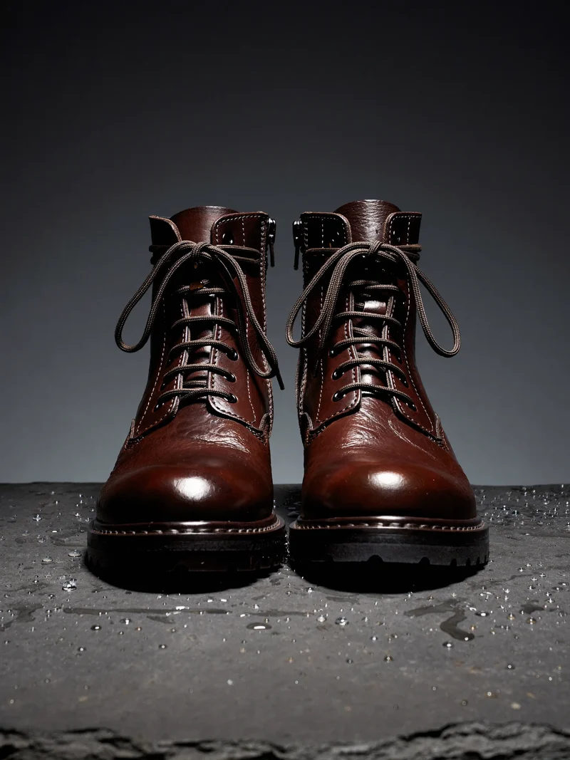 Dunkelbraune wasserdichte Leder-Boots mit Wassertropfen auf Schieferplatte, illustriert